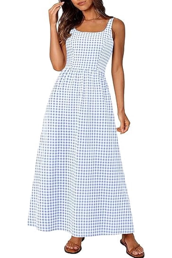Women's Summer Spaghetti Strap Maxi Dresses Plaid Square Neck A Line Casual Beach Vacation Long Sundress