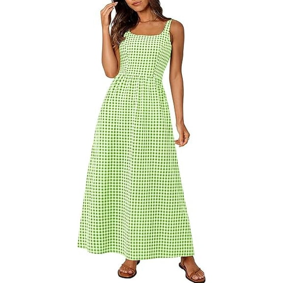 PRETTYGARDEN Women's Summer Spaghetti Strap Maxi Dresses Plaid Square Neck A Line Casual Beach Vacation Long Sundress
