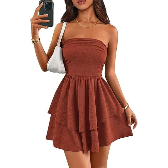 PRETTYGARDEN Women's Summer Strapless Tube Mini Dress Off Shoulder Smocked Ruffle A Line Flowy Short Party Club Dresses