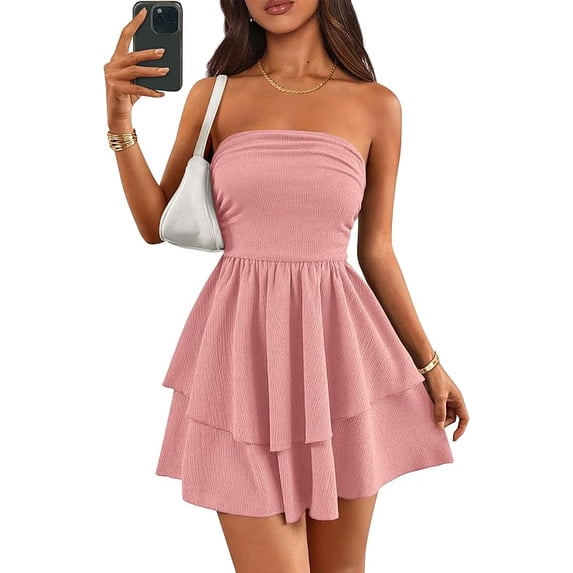 PRETTYGARDEN Women's Summer Strapless Tube Mini Dress Off Shoulder Smocked Ruffle A Line Flowy Short Party Club Dresses