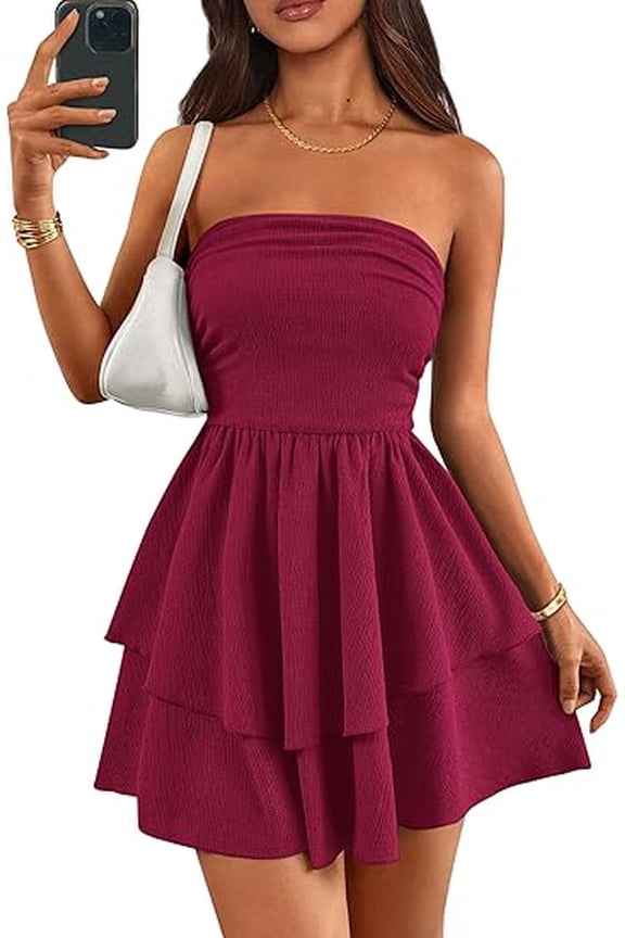 Women's Summer Strapless Tube Mini Dress Off Shoulder Smocked Ruffle A Line Flowy Short Party Club Dresses