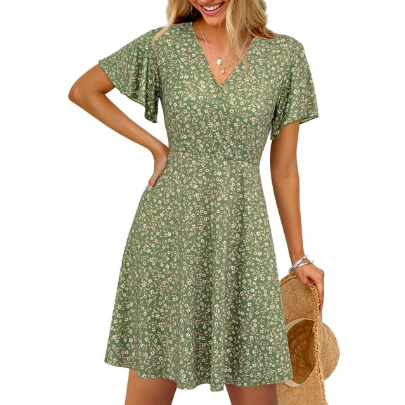 PRETTYGARDEN Women's Summer Sundress Spring Short Sleeve V Neck Swiss Dot Midi Boho Long Dresses Wedding Guest Dress