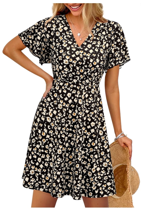 Women's Summer Sundress Spring Short Sleeve V Neck Swiss Dot Midi Boho Long Dresses Wedding Guest Dress