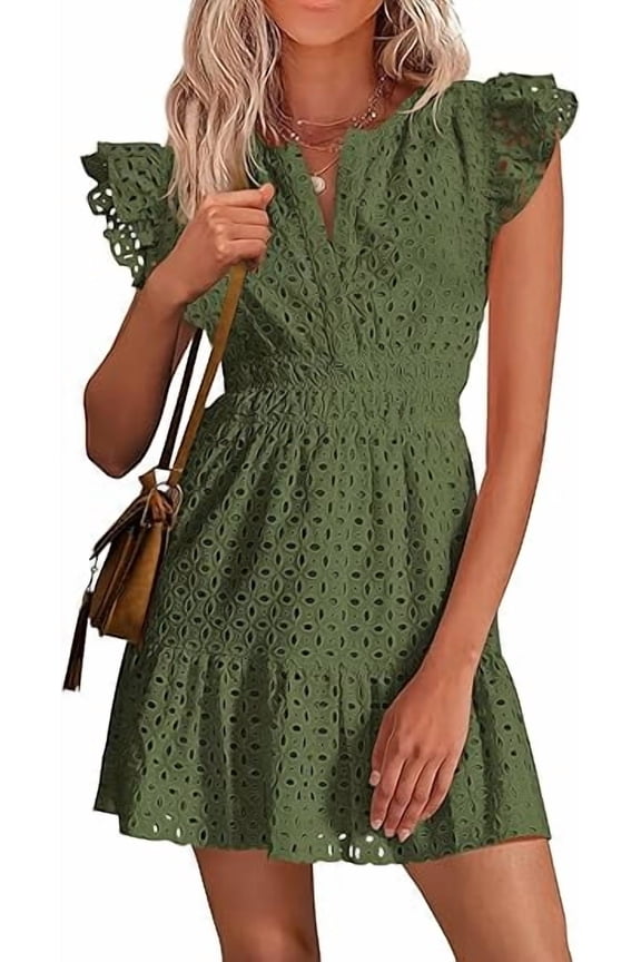 Women's Summer Sundresses Eyelet Cap Sleeve V Neck Short Boho Wedding Guest Dress Beach Vacation Clothes