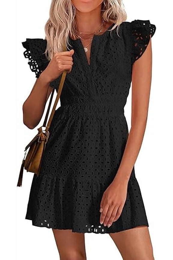 Women's Summer Sundresses Eyelet Cap Sleeve V Neck Short Boho Wedding Guest Dress Beach Vacation Clothes