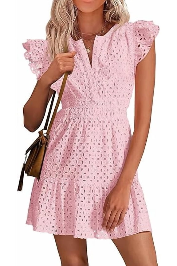 Women's Summer Sundresses Eyelet Cap Sleeve V Neck Short Boho Wedding Guest Dress Beach Vacation Clothes