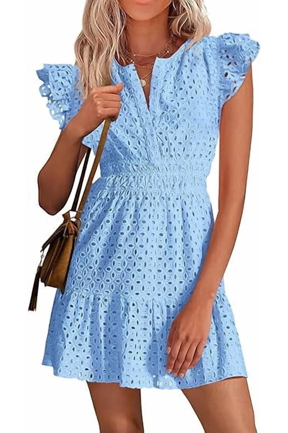 Women's Summer Sundresses Eyelet Cap Sleeve V Neck Short Boho Wedding Guest Dress Beach Vacation Clothes