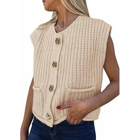PRETTYGARDEN Women's Summer Sweaters Vest Sleeveless Button Down Cropped Pockets Chunky Knit Cardigan Trendy Tank Tops
