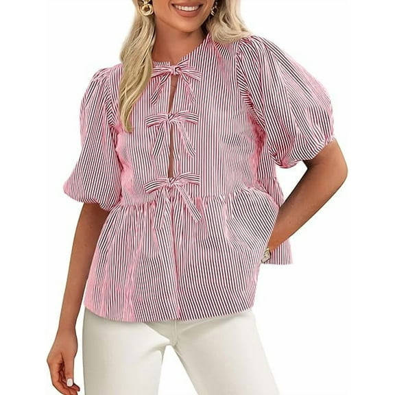 PRETTYGARDEN Women's Summer Tie Front Striped Shirt Trendy Cute Babydoll Tops Fashion Peplum Puffy Sleeve Blouse