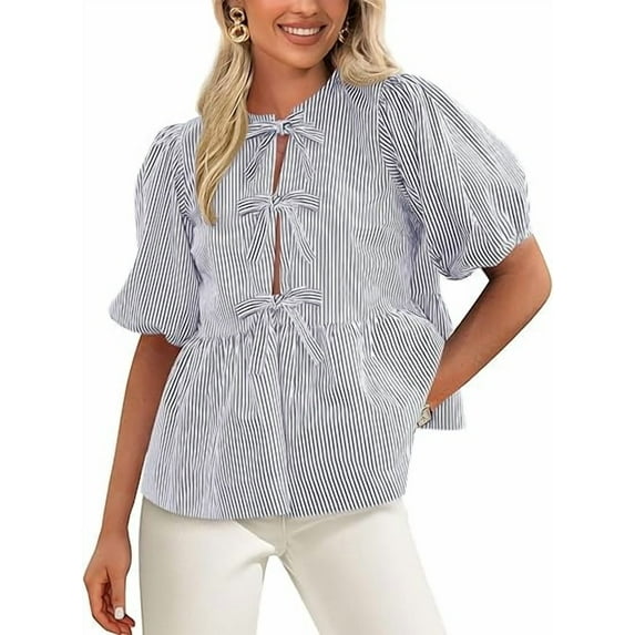 PRETTYGARDEN Women's Summer Tie Front Striped Shirt Trendy Cute Babydoll Tops Fashion Peplum Puffy Sleeve Blouse