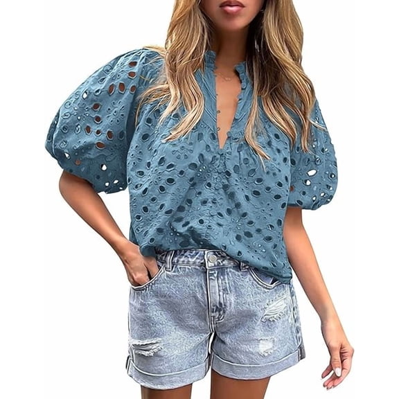 PRETTYGARDEN Women's Summer Tops Dressy Casual Short Lantern Sleeve V Neck Buttons Hollow Out Lace Embroidered Blouses Shirts