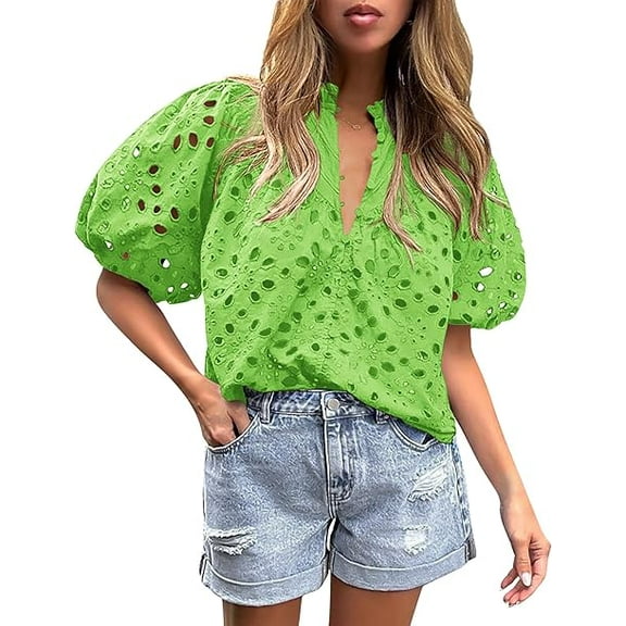 PRETTYGARDEN Women's Summer Tops Dressy Casual Short Lantern Sleeve V Neck Buttons Hollow Out Lace Embroidered Blouses Shirts