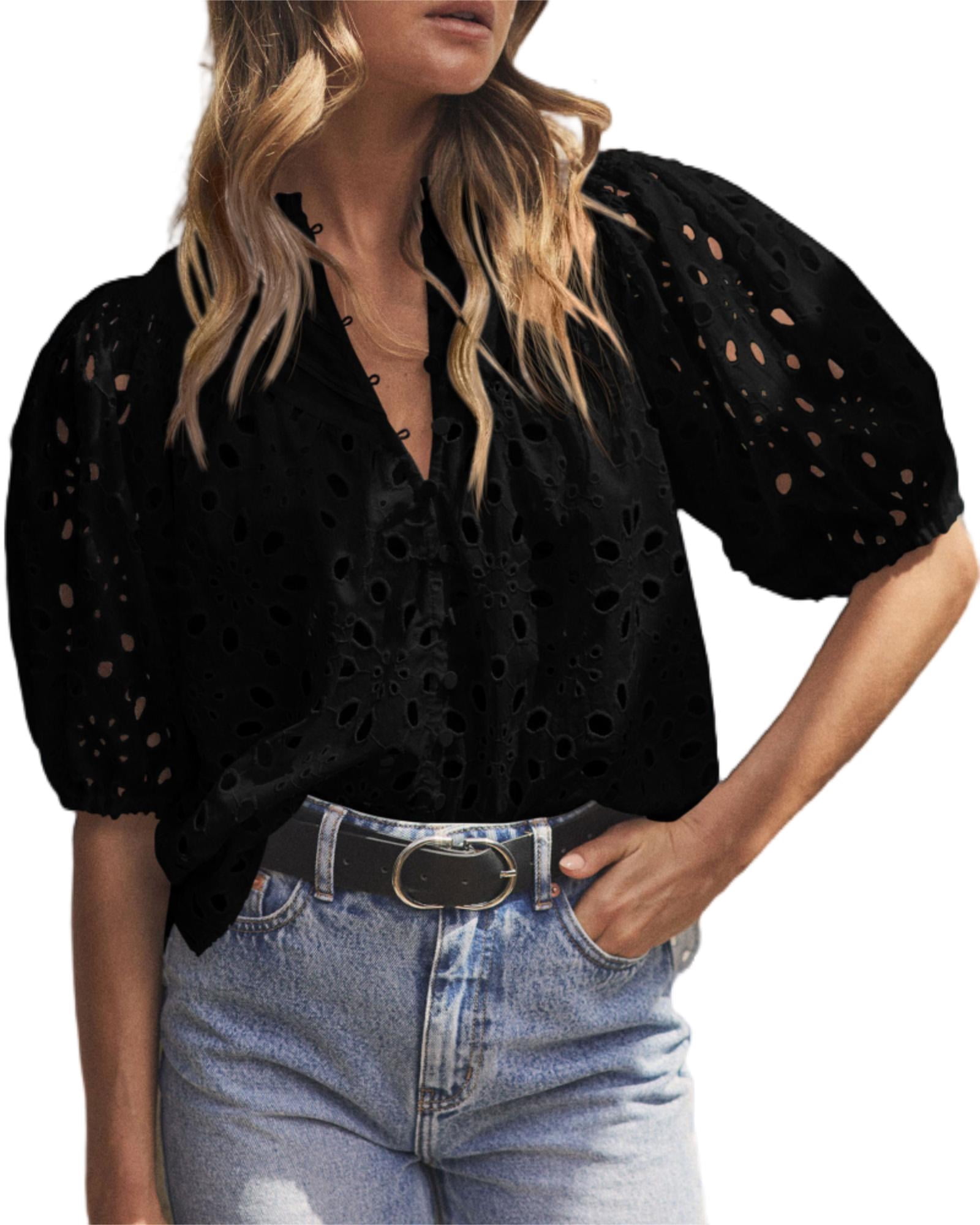 PRETTYGARDEN Women's Summer Tops Dressy Casual Short Lantern Sleeve V Neck Buttons Hollow Out Lace Embroidered Blouses Shirts