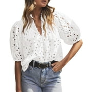 PRETTYGARDEN Womens Summer Tops Dressy Casual Short Lantern Sleeve V Neck Buttons Hollow Out Lace Embroidered Blouses Shirts