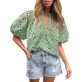 thumbnail image 1 of PRETTYGARDEN Women's Summer Tops Dressy Casual Short Lantern Sleeve V Neck Buttons Hollow Out Lace Embroidered Blouses Shirts, 1 of 9