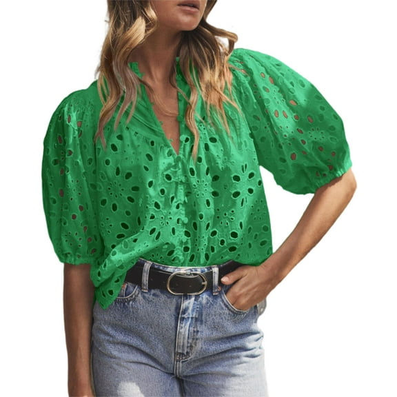 PRETTYGARDEN Women's Summer Tops Dressy Casual Short Lantern Sleeve V Neck Buttons Hollow Out Lace Embroidered Blouses Shirts