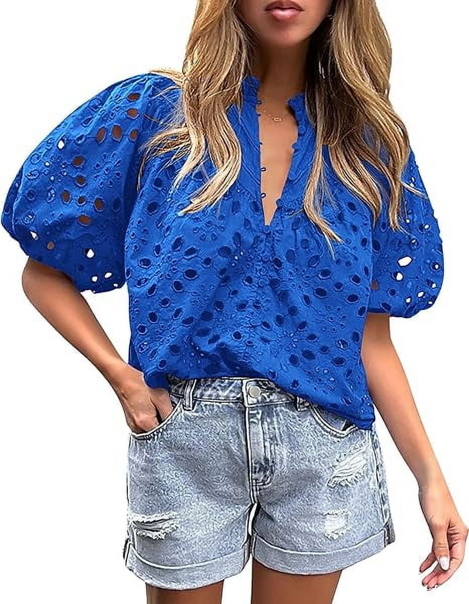 PRETTYGARDEN Women's Summer Tops Dressy Casual Short Lantern Sleeve V Neck Buttons Hollow Out Lace Embroidered Blouses Shirts