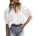 thumbnail image 1 of PRETTYGARDEN Women's Summer Tops Dressy Casual Short Lantern Sleeve V Neck Buttons Hollow Out Lace Embroidered Blouses Shirts, 1 of 10