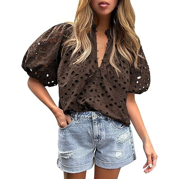 PRETTYGARDEN Women's Summer Tops Dressy Casual Short Lantern Sleeve V Neck Buttons Hollow Out Lace Embroidered Blouses Shirts