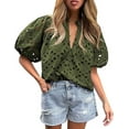 thumbnail image 1 of PRETTYGARDEN Women's Summer Tops Dressy Casual Short Lantern Sleeve V Neck Buttons Hollow Out Lace Embroidered Blouses Shirts, 1 of 9