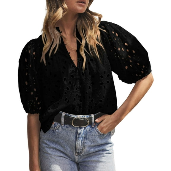 PRETTYGARDEN Women's Summer Tops Dressy Casual Short Lantern Sleeve V Neck Buttons Hollow Out Lace Embroidered Blouses Shirts