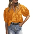 thumbnail image 1 of PRETTYGARDEN Women's Summer Tops Dressy Casual Short Lantern Sleeve V Neck Buttons Hollow Out Lace Embroidered Blouses Shirts, 1 of 10