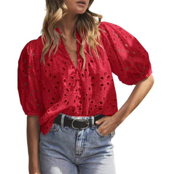 PRETTYGARDEN Women's Summer Tops Dressy Casual Short Lantern Sleeve V Neck Buttons Hollow Out Lace Embroidered Blouses Shirts