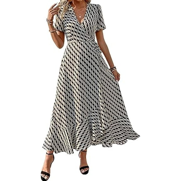 PRETTYGARDEN Women's Summer Wrap Maxi Dress Casual Boho Floral V Neck Short Sleeve Ruffle Hem Split Beach Long Dresses