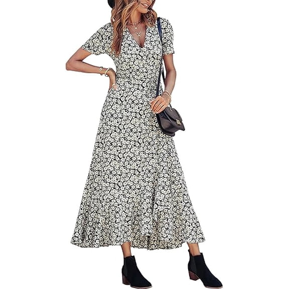 PRETTYGARDEN Women's Summer Wrap Maxi Dress Casual Boho Floral V Neck Short Sleeve Ruffle Hem Split Beach Long Dresses