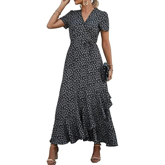 PRETTYGARDEN Women's Summer Wrap Maxi Dress Casual Boho Floral V Neck Short Sleeve Ruffle Hem Split Beach Long Dresses