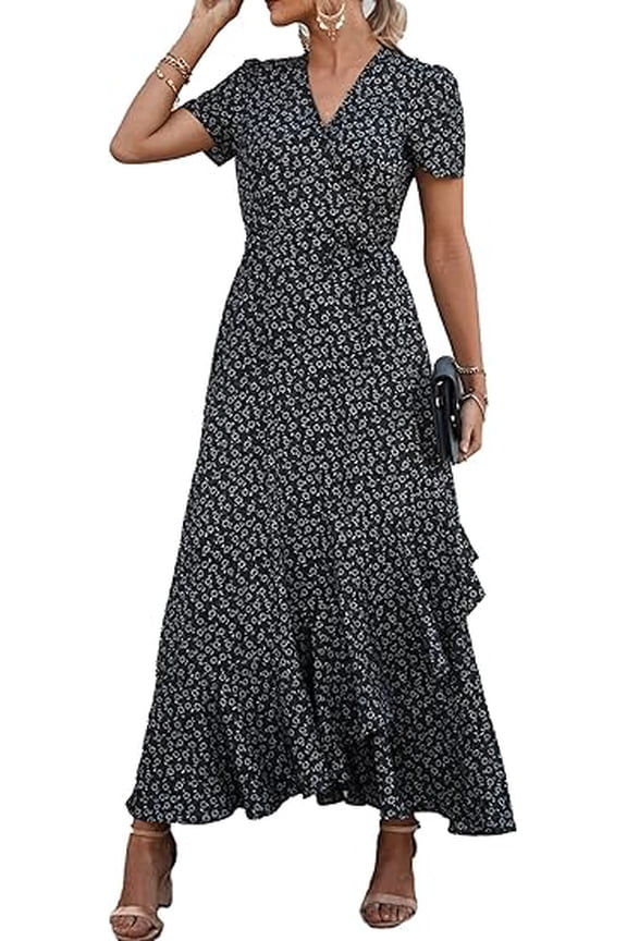 Women's Summer Wrap Maxi Dress Casual Boho Floral V Neck Short Sleeve Ruffle Hem Split Beach Long Dresses