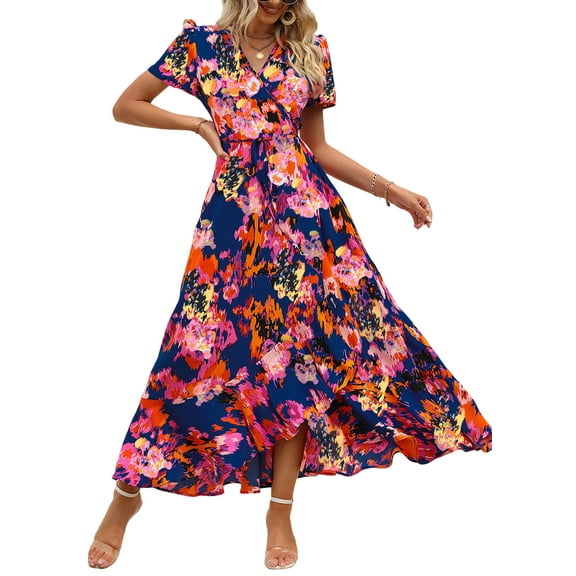 PRETTYGARDEN Women's Summer Wrap Maxi Dress Casual Boho Floral V Neck Short Sleeve Ruffle Hem Split Beach Long Dresses
