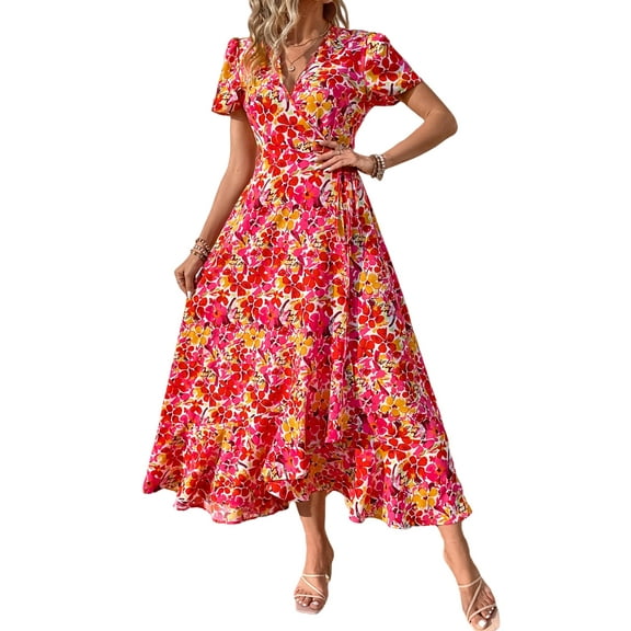PRETTYGARDEN Women's Summer Wrap Maxi Dress Casual Boho Floral V Neck Short Sleeve Ruffle Hem Split Beach Long Dresses