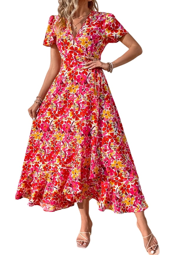 Women's Summer Wrap Maxi Dress Casual Boho Floral V Neck Short Sleeve Ruffle Hem Split Beach Long Dresses