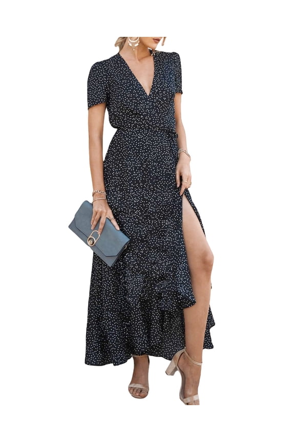 Women's Summer Wrap Maxi Dress Casual Boho Floral V Neck Short Sleeve Ruffle Hem Split Beach Long Dresses