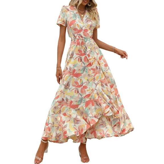 PRETTYGARDEN Women's Summer Wrap Maxi Dress Casual Boho Floral V Neck Short Sleeve Ruffle Hem Split Beach Long Dresses