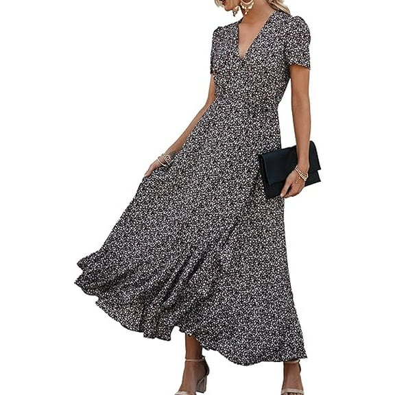 PRETTYGARDEN Women's Summer Wrap Maxi Dress Casual Boho Floral V Neck Short Sleeve Ruffle Hem Split Beach Long Dresses