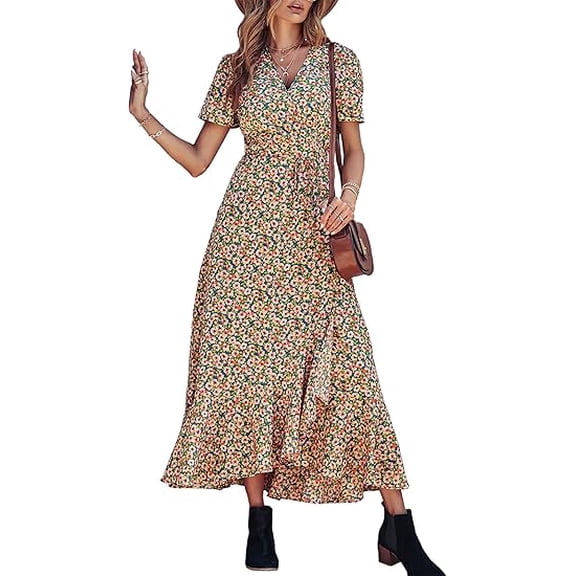PRETTYGARDEN Women's Summer Wrap Maxi Dress Casual Boho Floral V Neck Short Sleeve Ruffle Hem Split Beach Long Dresses