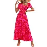 PRETTYGARDEN Womens Summer Wrap Maxi Dress Casual Boho Floral V Neck Short Sleeve Ruffle Hem Split Beach Long Dresses