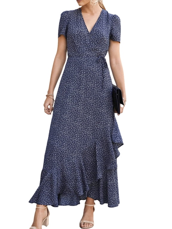 Women's Summer Wrap Maxi Dress Casual Boho Floral V Neck Short Sleeve Ruffle Hem Split Beach Long Dresses