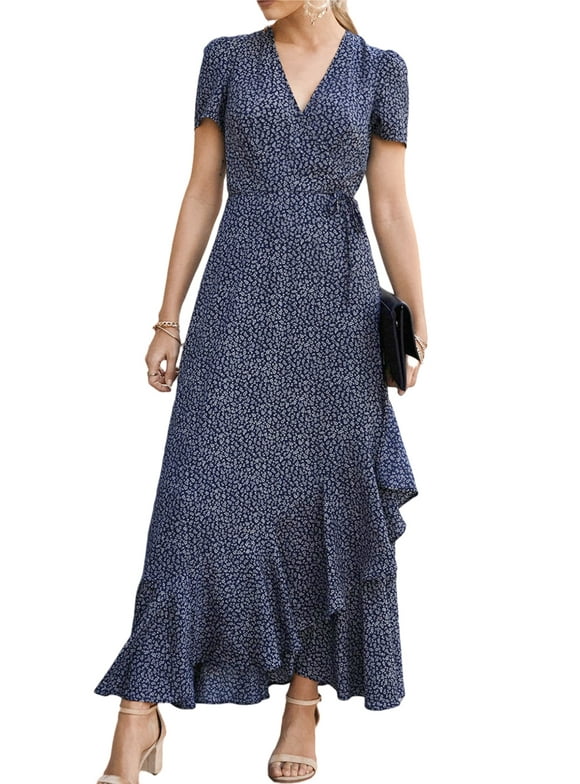 Women's Summer Wrap Maxi Dress Casual Boho Floral V Neck Short Sleeve Ruffle Hem Split Beach Long Dresses