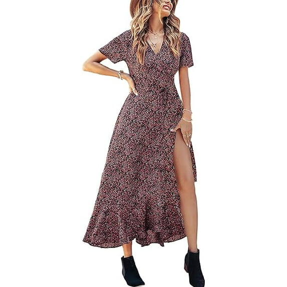 PRETTYGARDEN Women's Summer Wrap Maxi Dress Casual Boho Floral V Neck Short Sleeve Ruffle Hem Split Beach Long Dresses