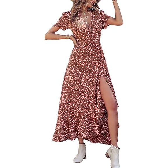 PRETTYGARDEN Women's Summer Wrap Maxi Dress Casual Boho Floral V Neck Short Sleeve Ruffle Hem Split Beach Long Dresses