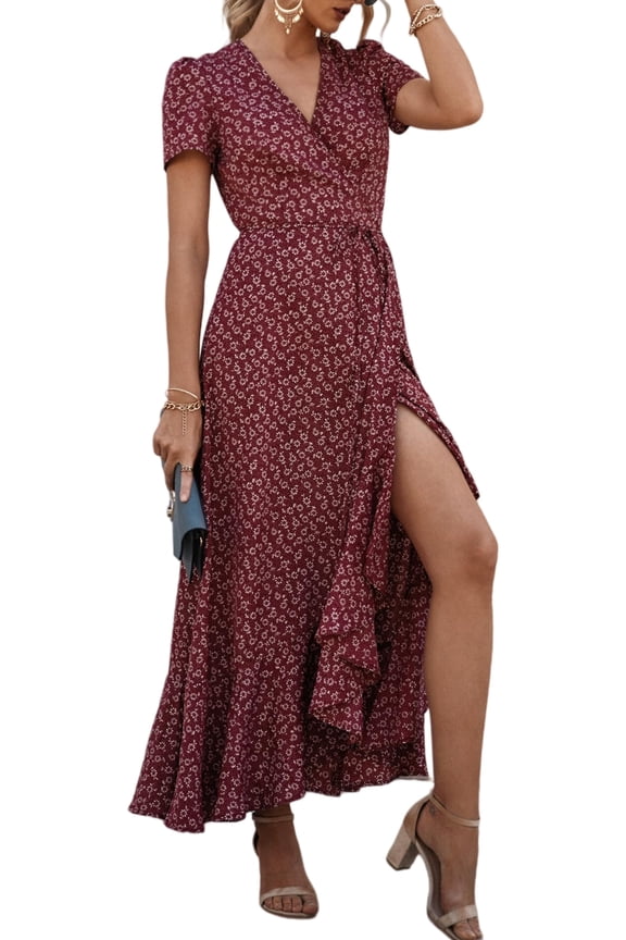 Women's Summer Wrap Maxi Dress Casual Boho Floral V Neck Short Sleeve Ruffle Hem Split Beach Long Dresses
