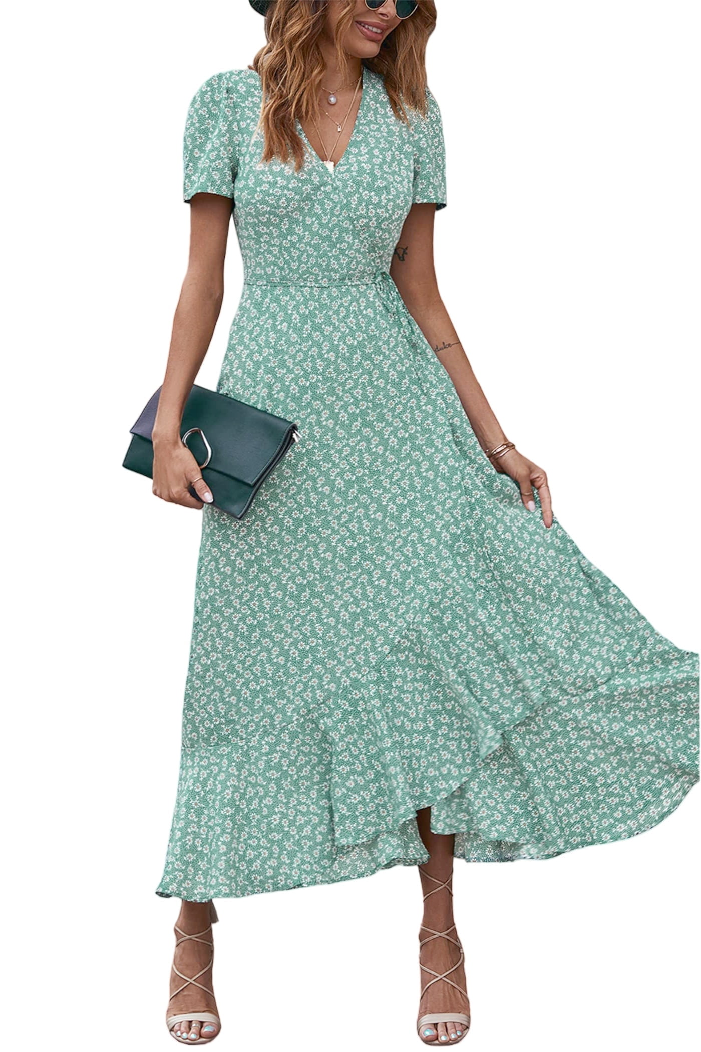 Women's Boho Floral Wrap Midi Dress - V-Neck, Short Sleeve, Ruffle Hem & Side Split For Summer