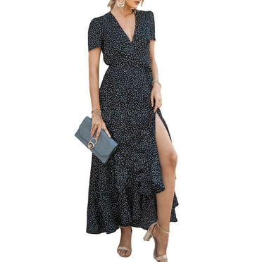 PRETTYGARDEN Women's Summer Wrap Maxi Dress Casual Boho Floral V Neck Short Sleeve Ruffle Hem Split Beach Long Dresses