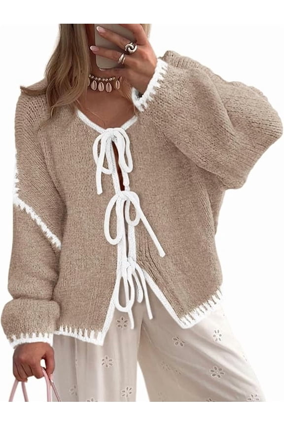 Women's Tie Front Bow Cardigan Sweaters Chunky Knit Long Puff Sleeve Trendy Fall Winter Jacket Coats