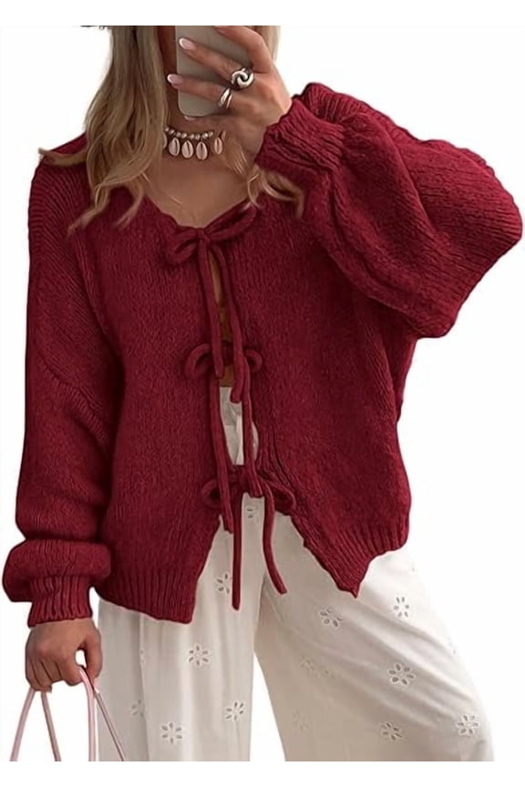 Women's Tie Front Bow Cardigan Sweaters Chunky Knit Long Puff Sleeve Trendy Fall Winter Jacket Coats