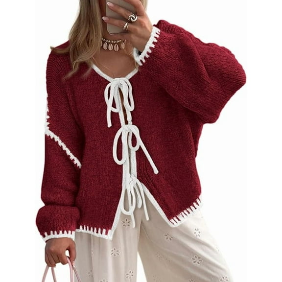 PRETTYGARDEN Women's Tie Front Bow Cardigan Sweaters Chunky Knit Long Puff Sleeve Trendy Fall Winter Jacket Coats