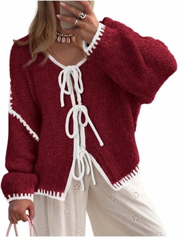Women's Tie Front Bow Cardigan Sweaters Chunky Knit Long Puff Sleeve Trendy Fall Winter Jacket Coats
